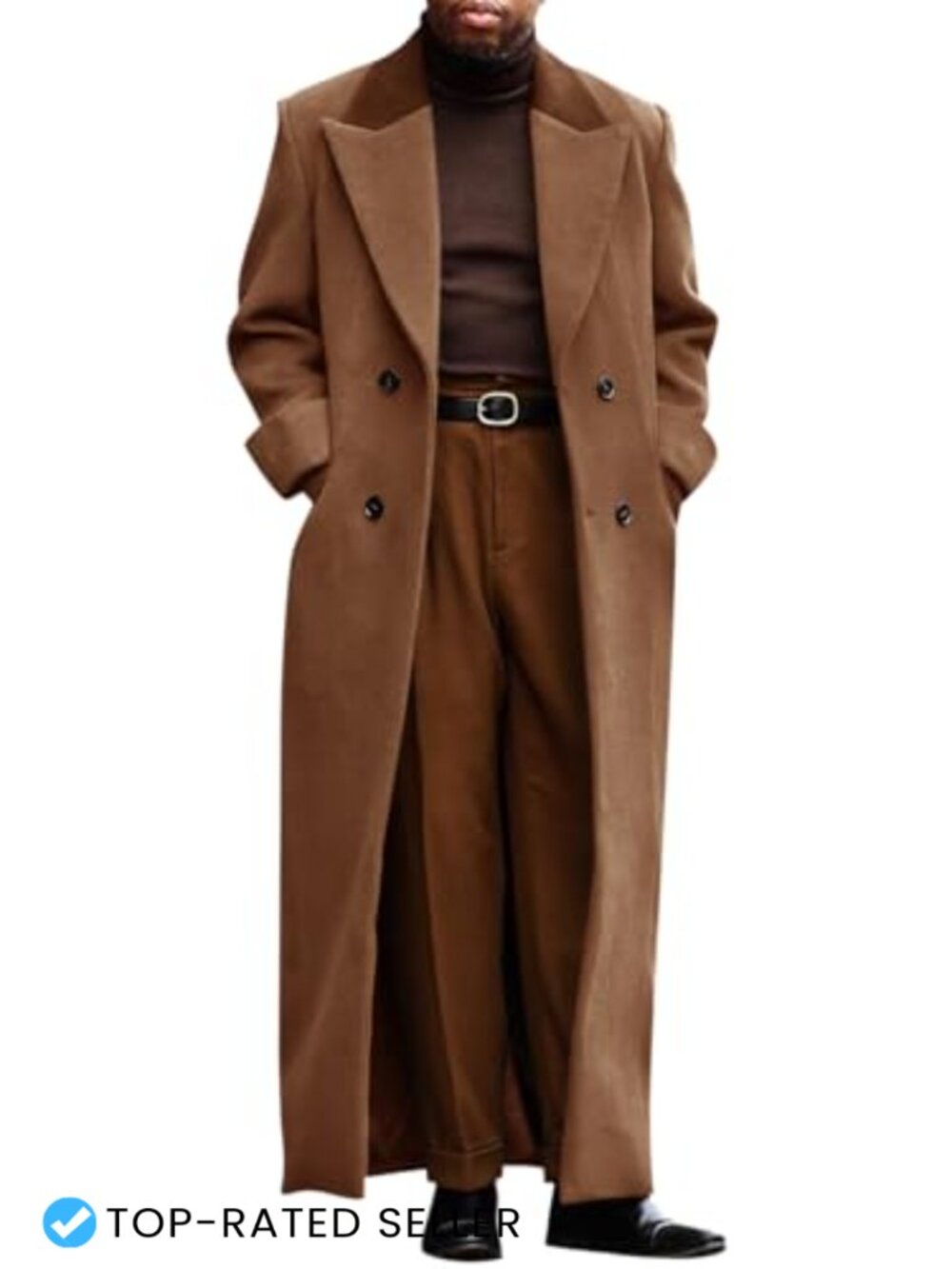 Mens Full Length Trench Coat Double Breasted Polyester Overcoat